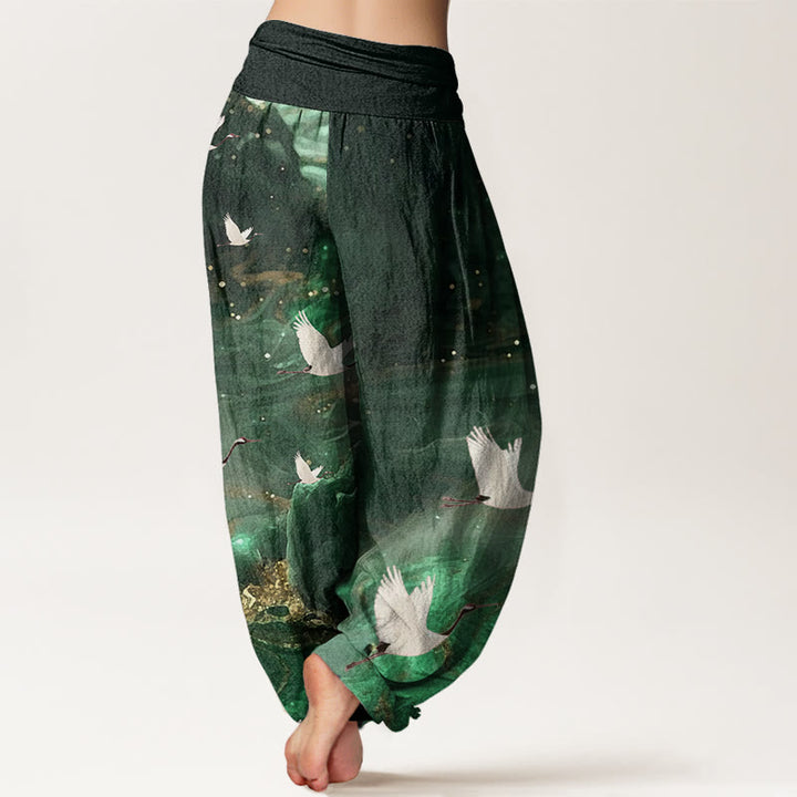 Pantalon sarouel décontracté à taille élastique pour femme avec motif grue volante et Buddha Stones - image 2