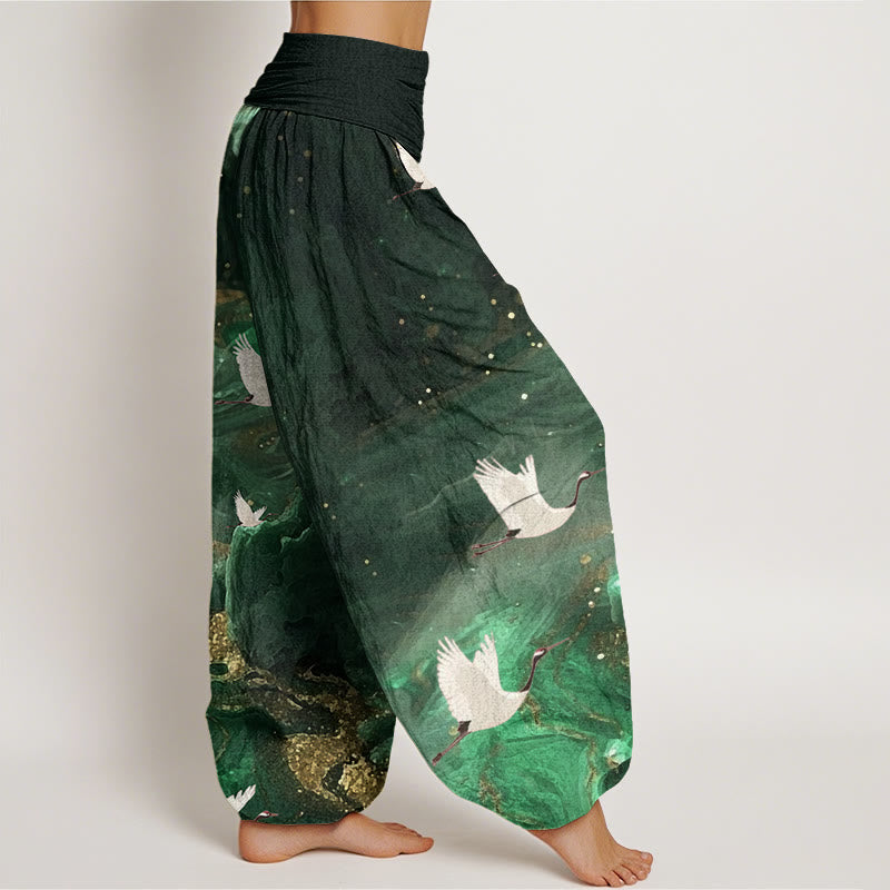 Pantalon sarouel décontracté à taille élastique pour femme avec motif grue volante et Buddha Stones - image 1