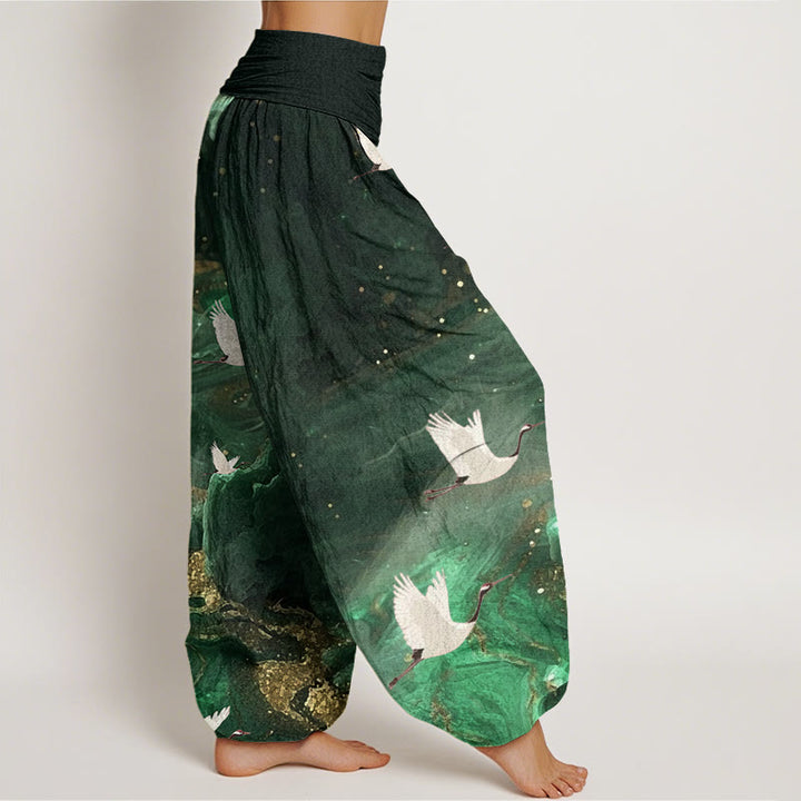 Pantalon sarouel décontracté à taille élastique pour femme avec motif grue volante et Buddha Stones - image 1