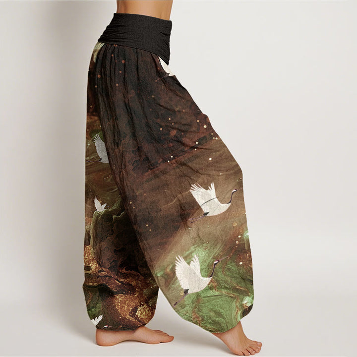 Pantalon sarouel décontracté à taille élastique pour femme avec motif grue volante et Buddha Stones - image 6