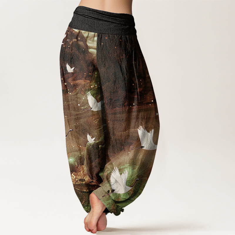 Pantalon sarouel décontracté à taille élastique pour femme avec motif grue volante et Buddha Stones - image 6