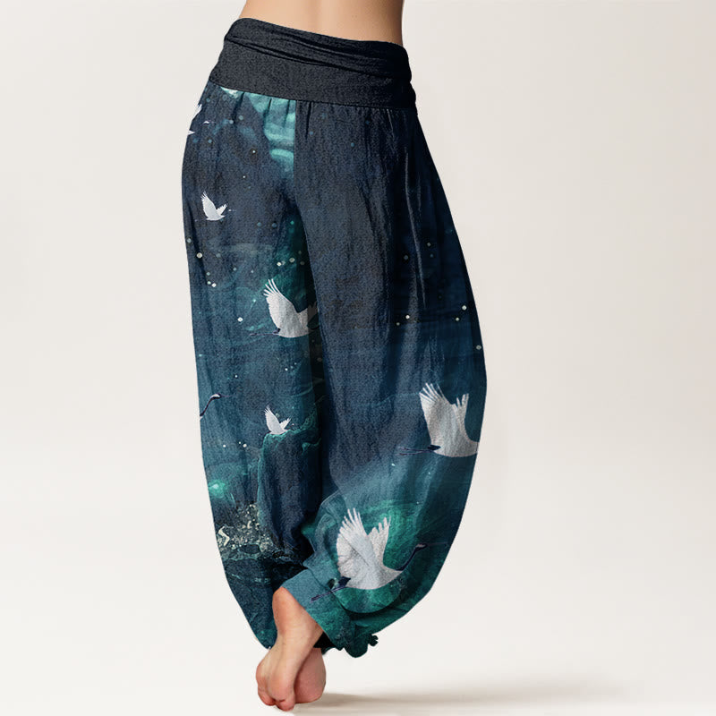 Pantalon sarouel décontracté à taille élastique pour femme avec motif grue volante et Buddha Stones - image 10