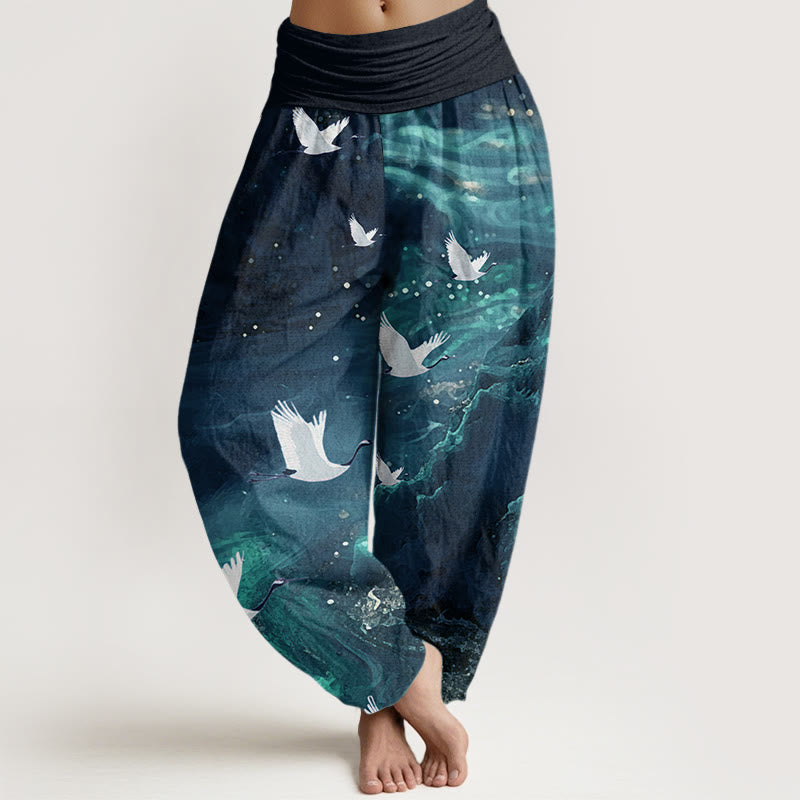 Pantalon sarouel décontracté à taille élastique pour femme avec motif grue volante et Buddha Stones - Bleu nuit - US22，UK/AU26，EU54 (6XL) - image 8