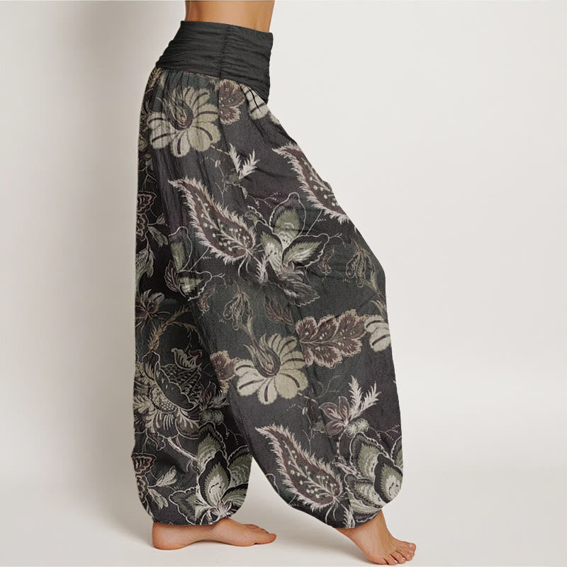 Pantalon sarouel décontracté en pur coton à motif floral et feuilles pour femme, taille élastique, Buddha Stones