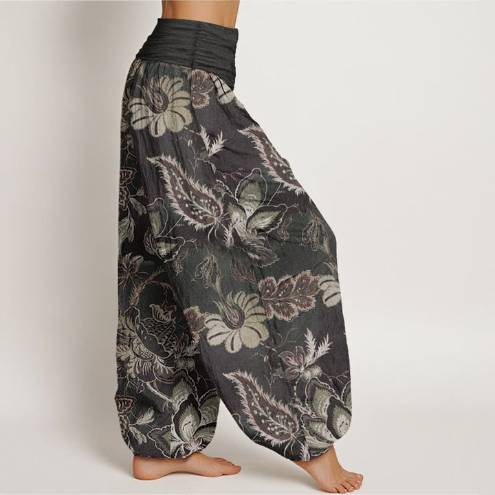 Pantalon sarouel décontracté en pur coton à motif floral et feuilles pour femme, taille élastique, Buddha Stones