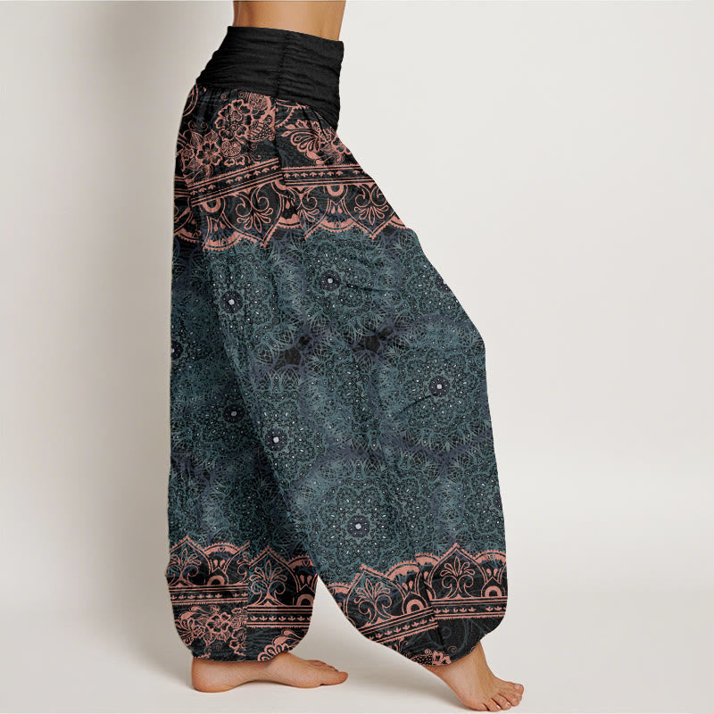 Pantalon sarouel élégant en pur coton avec motif de fleurs mandalas et Buddha Stones pour femme, taille élastique - image 2