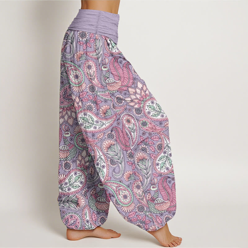 Pantalon Buddha Stones taille élastique pour femme en pur coton avec motif de fleurs de cajou, de paon et de tournesol