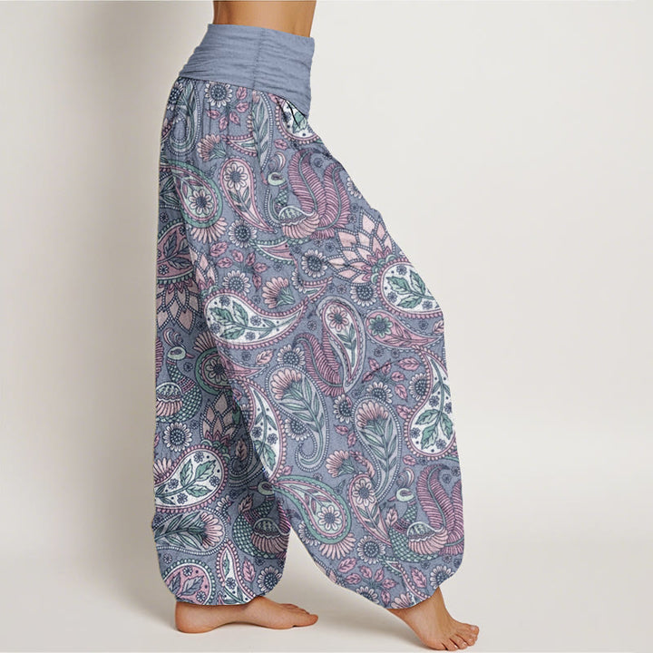 Pantalon Buddha Stones taille élastique pour femme en pur coton avec motif de fleurs de cajou, de paon et de tournesol