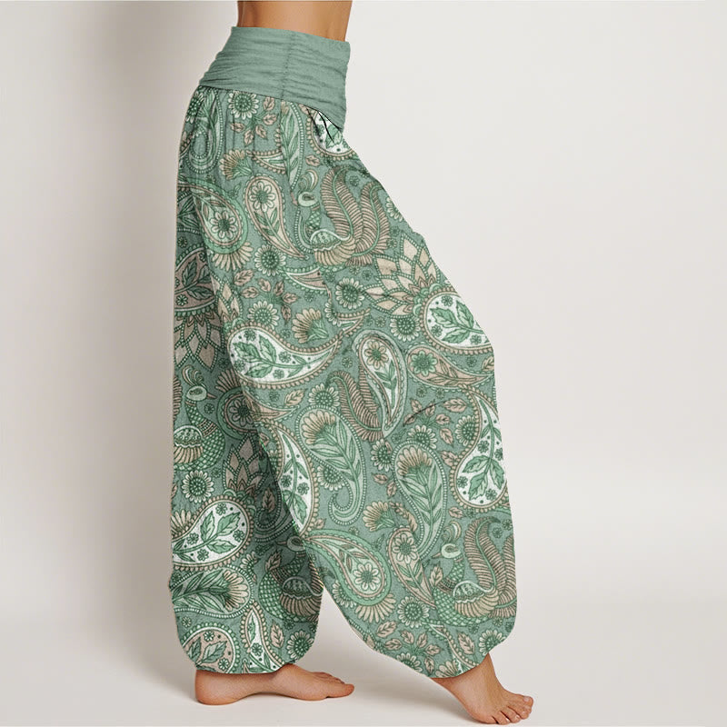 Pantalon Buddha Stones taille élastique pour femme en pur coton avec motif de fleurs de cajou, de paon et de tournesol