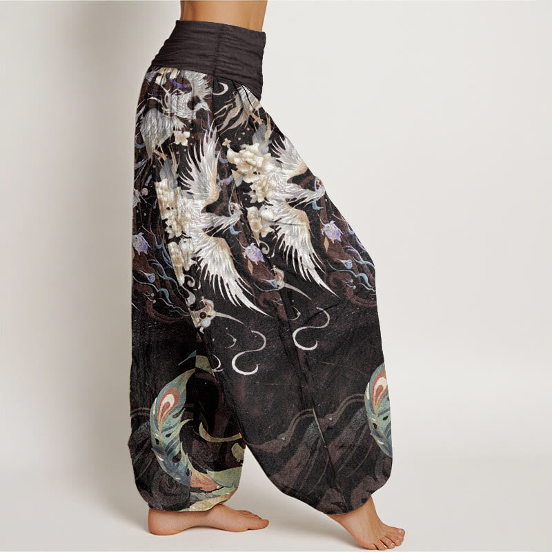 Pantalon sarouel taille élastique en pur coton avec motif de fleurs de phénix et Buddha Stones pour femme