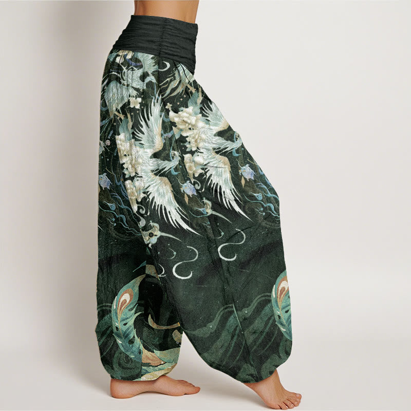 Pantalon sarouel taille élastique en pur coton avec motif de fleurs de phénix et Buddha Stones pour femme
