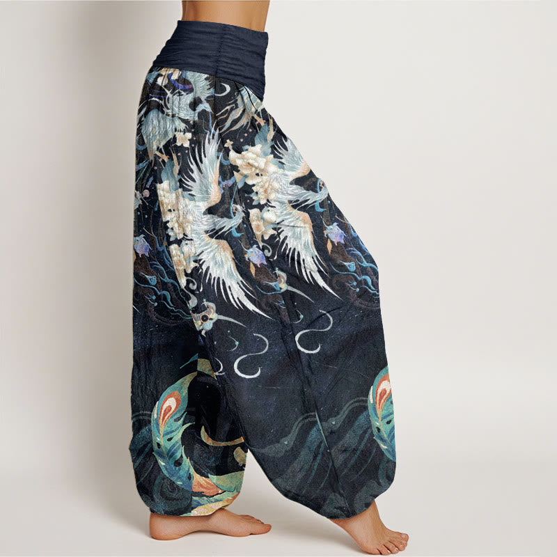 Pantalon sarouel taille élastique en pur coton avec motif de fleurs de phénix et Buddha Stones pour femme