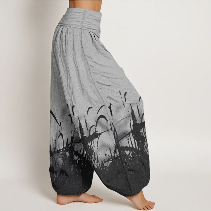 Pantalon sarouel taille élastique pour femme en pur coton avec motif d'herbe sauvage et Buddha Stones