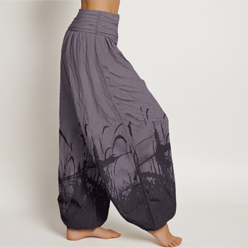 Pantalon sarouel taille élastique pour femme en pur coton avec motif d'herbe sauvage et Buddha Stones
