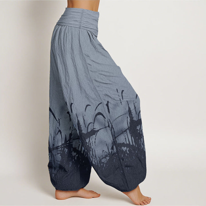 Pantalon sarouel taille élastique pour femme en pur coton avec motif d'herbe sauvage et Buddha Stones