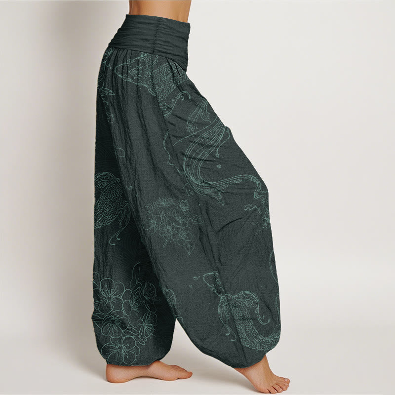 Pantalon Buddha Stones à taille élastique pour femme, motif floral de poissons koï, en pur coton, motif Buddha Stones
