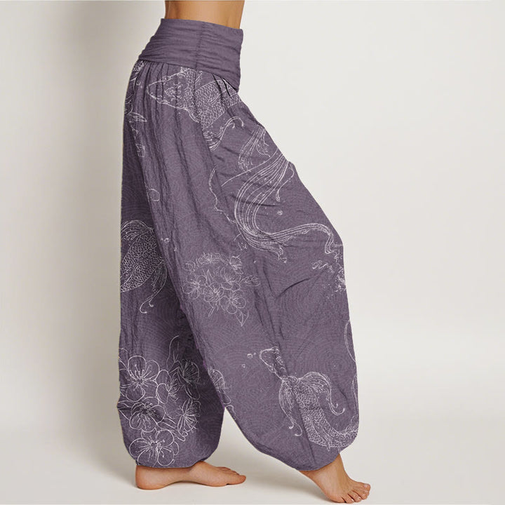 Pantalon Buddha Stones à taille élastique pour femme, motif floral de poissons koï, en pur coton, motif Buddha Stones