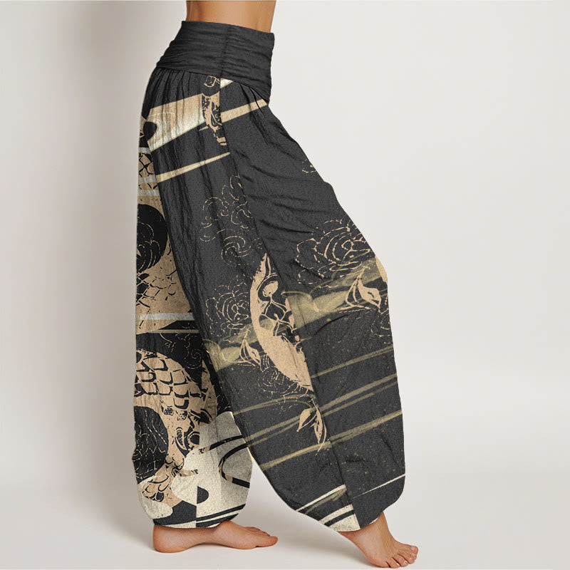 Pantalon sarouel taille élastique pour femme en pur coton avec motif serpent et Buddha Stones