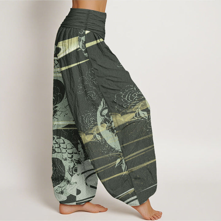 Pantalon sarouel taille élastique pour femme en pur coton avec motif serpent et Buddha Stones