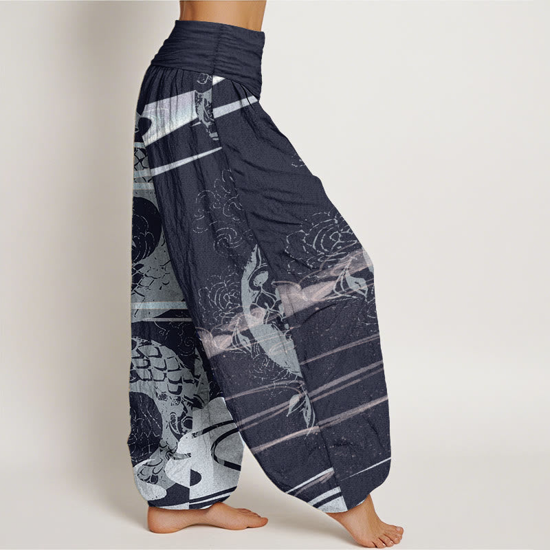 Pantalon sarouel taille élastique pour femme en pur coton avec motif serpent et Buddha Stones