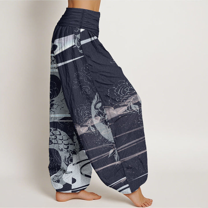 Pantalon sarouel taille élastique pour femme en pur coton avec motif serpent et Buddha Stones