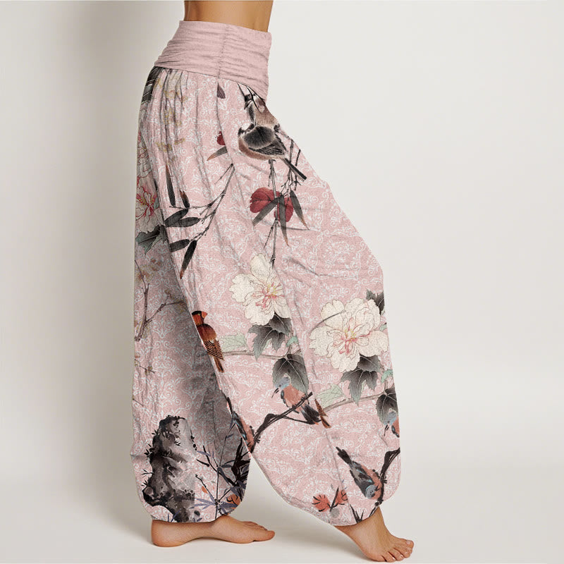 Pantalon sarouel en pur coton avec motif mandala et Buddha Stones , motif oiseau, fleur, branches, taille élastique