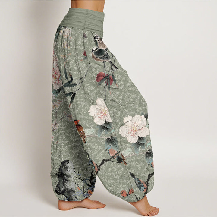 Pantalon sarouel en pur coton avec motif mandala et Buddha Stones , motif oiseau, fleur, branches, taille élastique