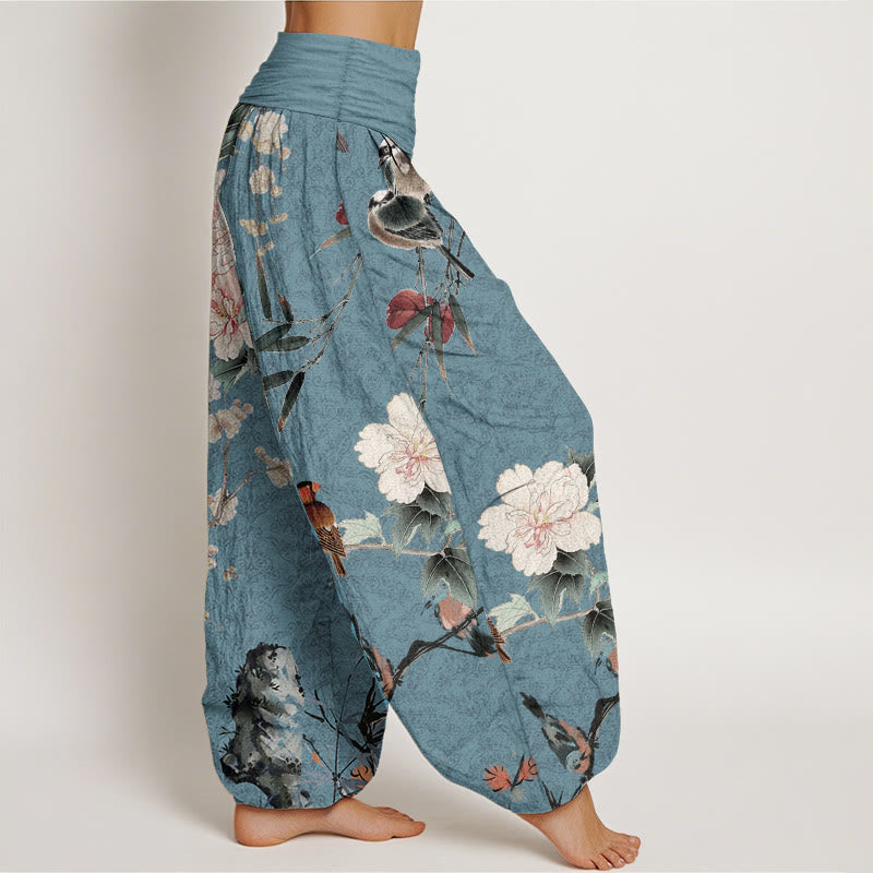 Pantalon sarouel en pur coton avec motif mandala et Buddha Stones , motif oiseau, fleur, branches, taille élastique