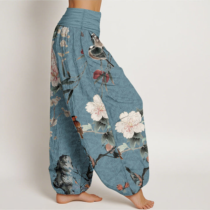 Pantalon sarouel en pur coton avec motif mandala et Buddha Stones , motif oiseau, fleur, branches, taille élastique