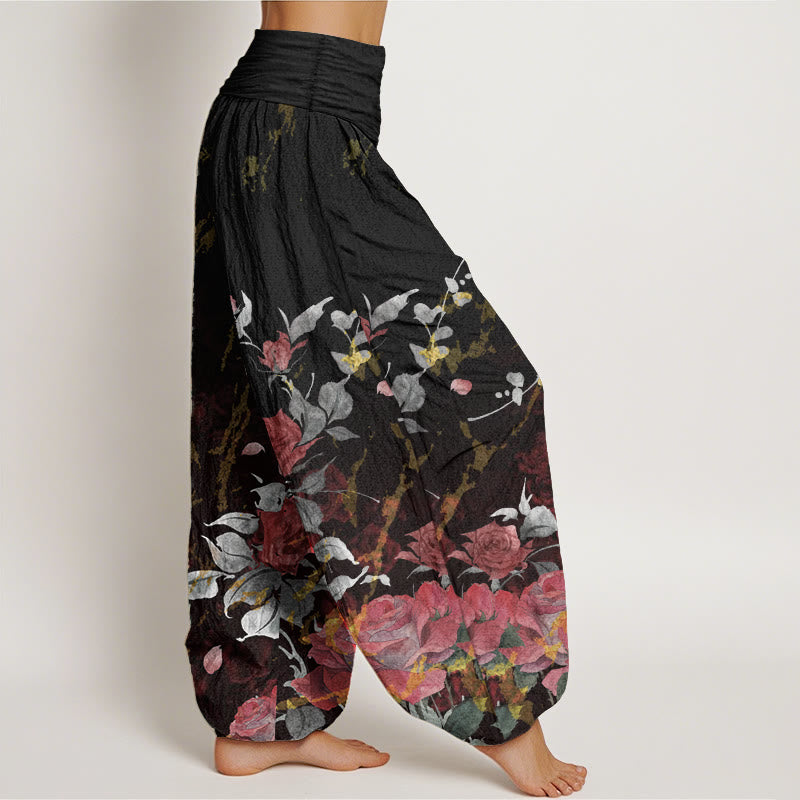 Pantalon sarouel taille élastique en pur coton avec motif de roses en fleurs et Buddha Stones pour femme