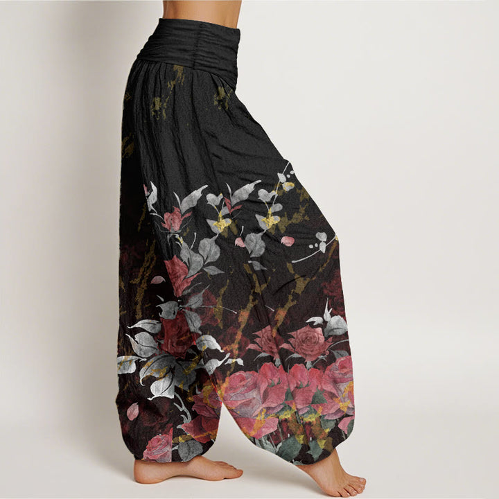Pantalon sarouel taille élastique en pur coton avec motif de roses en fleurs et Buddha Stones pour femme