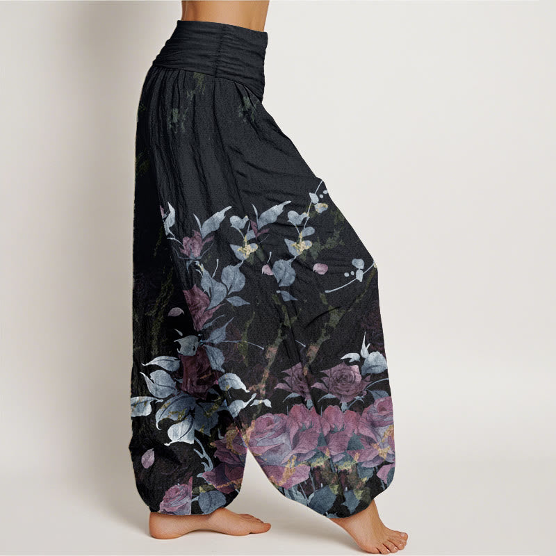 Pantalon sarouel taille élastique en pur coton avec motif de roses en fleurs et Buddha Stones pour femme