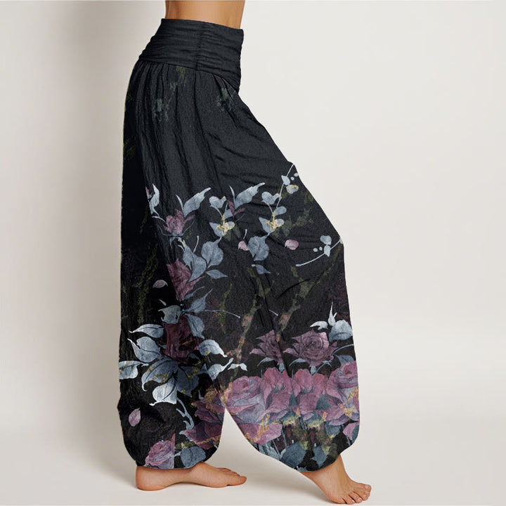 Pantalon sarouel taille élastique en pur coton avec motif de roses en fleurs et Buddha Stones pour femme