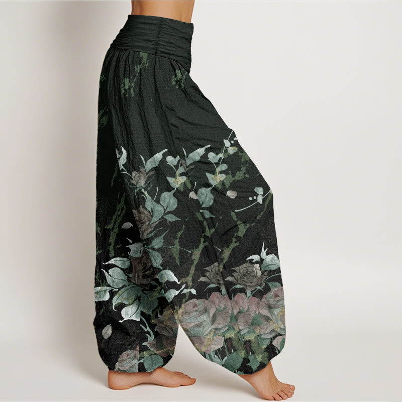 Pantalon sarouel taille élastique en pur coton avec motif de roses en fleurs et Buddha Stones pour femme