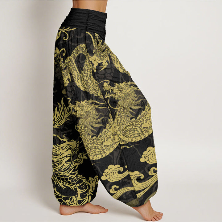 Pantalon sarouel taille élastique pour femme, Buddha Stones, pur coton, motif dragon et nuages de bon augure