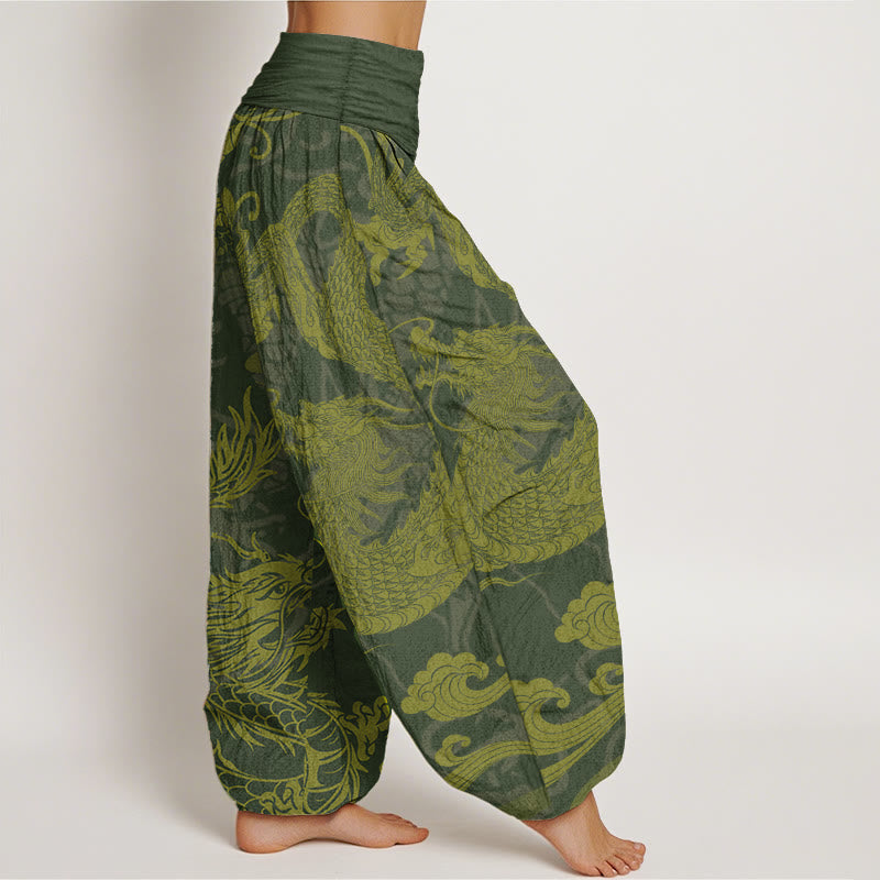 Pantalon sarouel taille élastique pour femme, Buddha Stones, pur coton, motif dragon et nuages de bon augure