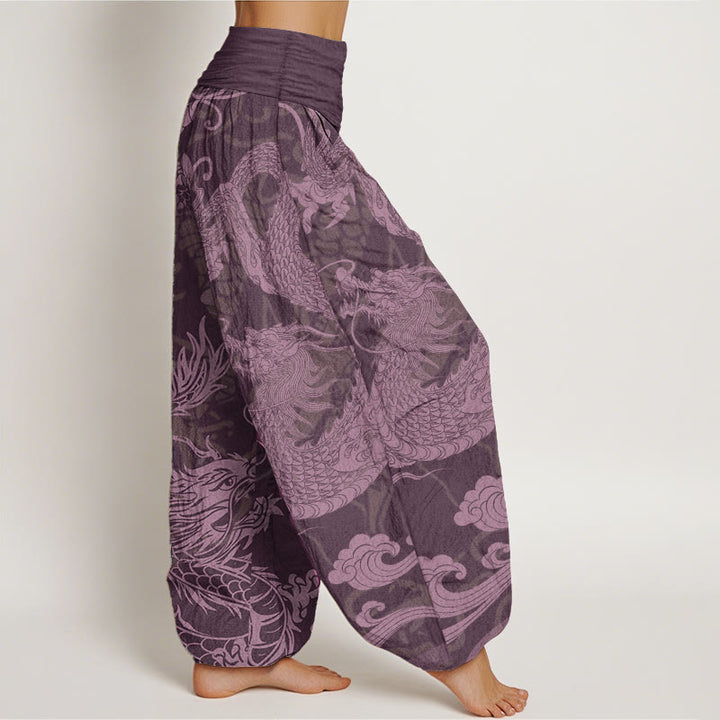 Pantalon sarouel taille élastique pour femme, Buddha Stones, pur coton, motif dragon et nuages de bon augure