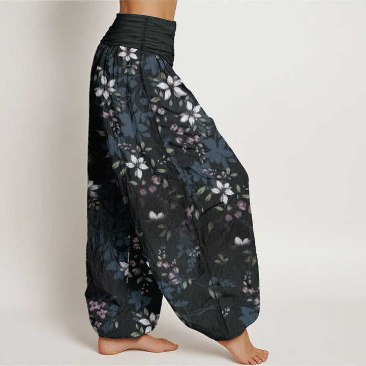 Pantalon sarouel taille élastique pour femme, motif Buddha Stones, pur coton, petites fleurs blanches, feuilles vertes