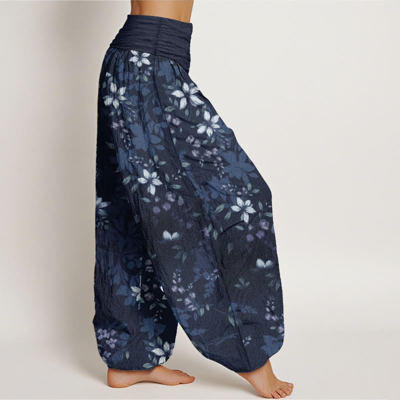 Pantalon sarouel taille élastique pour femme, motif Buddha Stones, pur coton, petites fleurs blanches, feuilles vertes