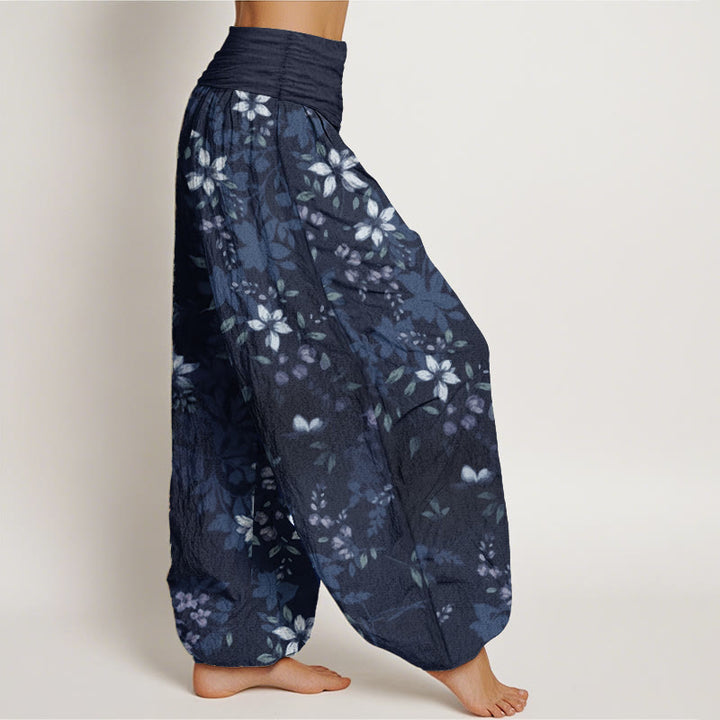 Pantalon sarouel taille élastique pour femme, motif Buddha Stones, pur coton, petites fleurs blanches, feuilles vertes