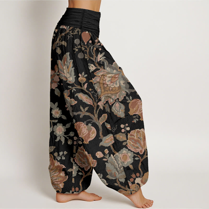Pantalon Buddha Stones décontracté en pur coton avec motif de fleurs et bourgeons en fleurs pour femme, taille élastique