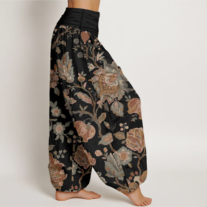 Pantalon Buddha Stones décontracté en pur coton avec motif de fleurs et bourgeons en fleurs pour femme, taille élastique