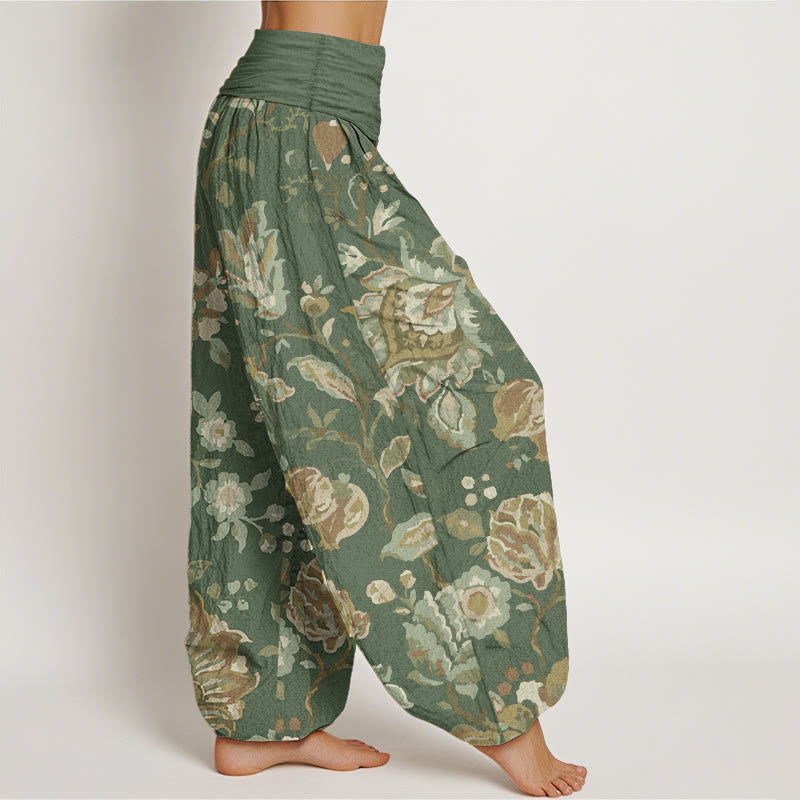 Pantalon Buddha Stones décontracté en pur coton avec motif de fleurs et bourgeons en fleurs pour femme, taille élastique