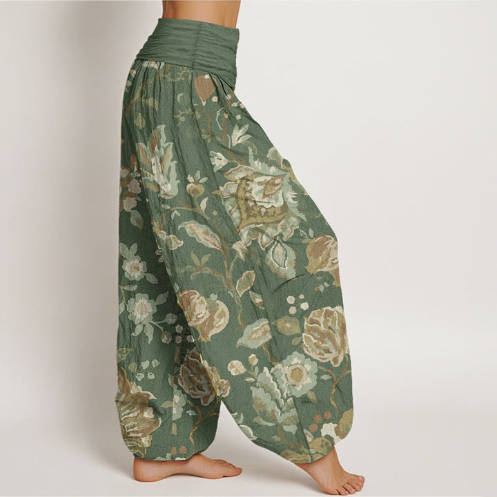 Pantalon Buddha Stones décontracté en pur coton avec motif de fleurs et bourgeons en fleurs pour femme, taille élastique