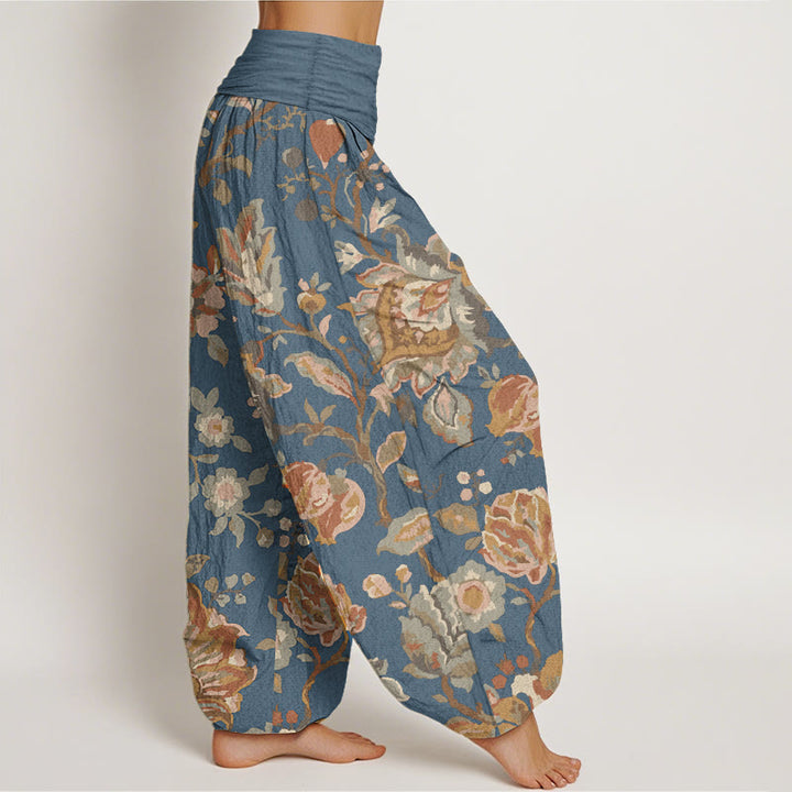 Pantalon Buddha Stones décontracté en pur coton avec motif de fleurs et bourgeons en fleurs pour femme, taille élastique