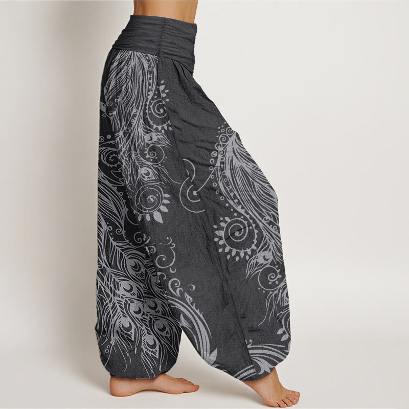 Pantalon Buddha Stones décontracté en pur coton avec motif paon et taille élastique pour femme