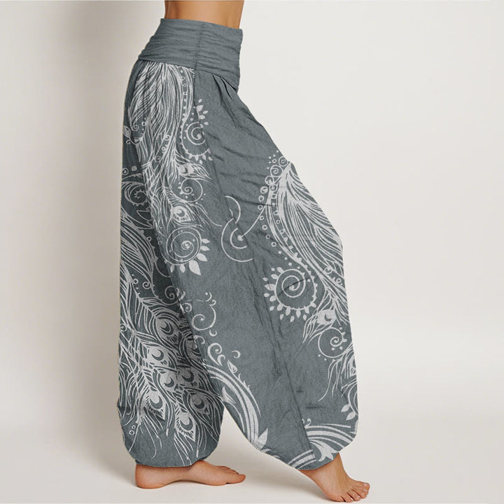 Pantalon Buddha Stones décontracté en pur coton avec motif paon et taille élastique pour femme