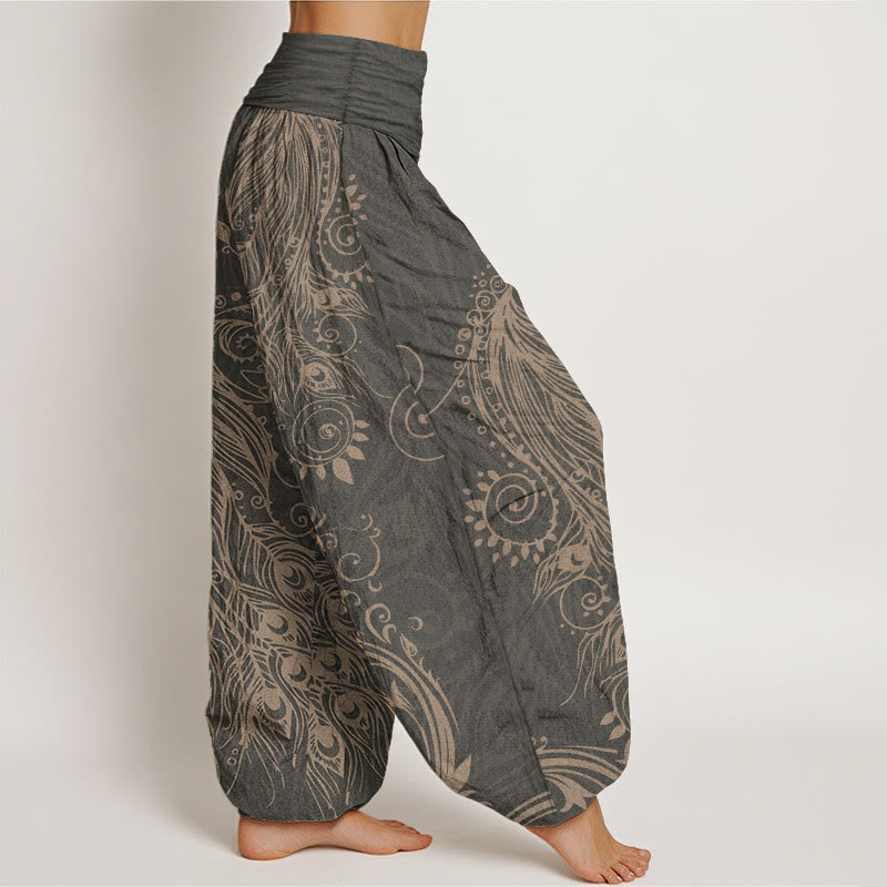 Pantalon Buddha Stones décontracté en pur coton avec motif paon et taille élastique pour femme