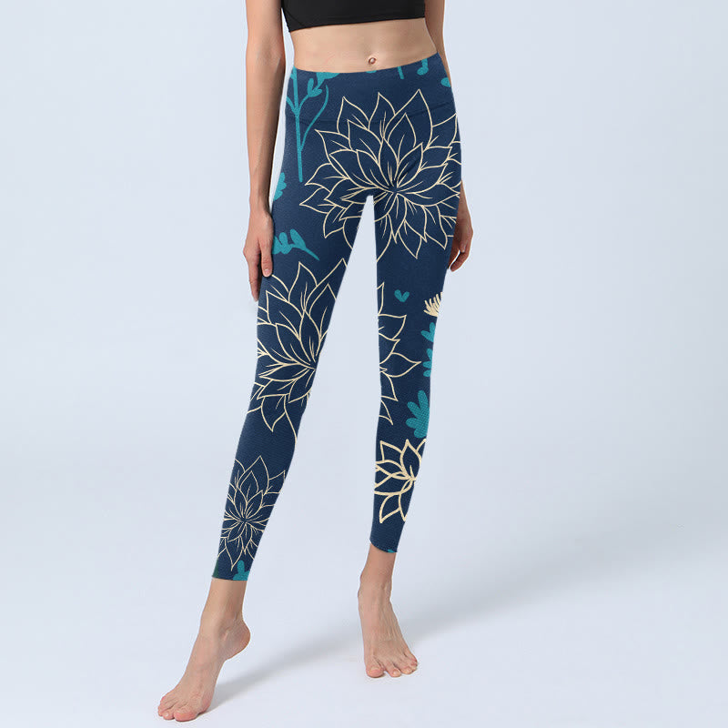 Leggings de sport à imprimé Buddha Stones beige, fleurs et feuilles bleues, pantalons de yoga pour femmes - image 6