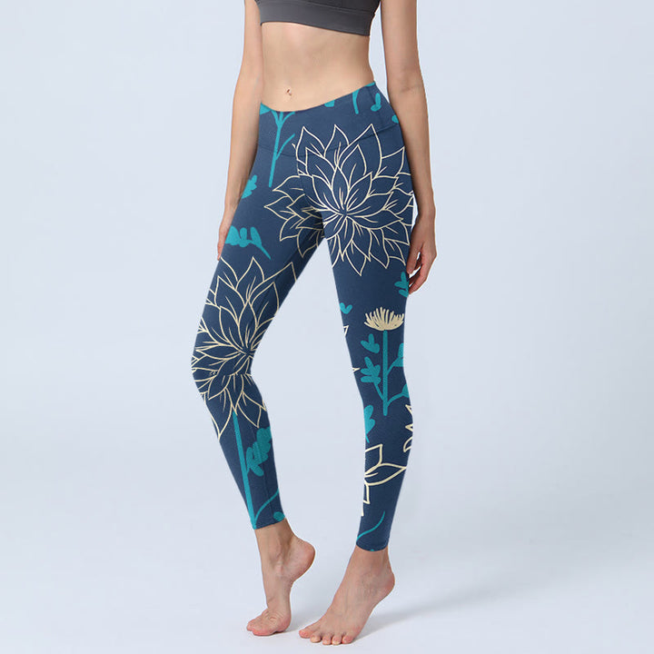 Leggings de sport à imprimé Buddha Stones beige, fleurs et feuilles bleues, pantalons de yoga pour femmes - Bleu acier - US18，UK/AU22，EU50 (4XL) - image 1